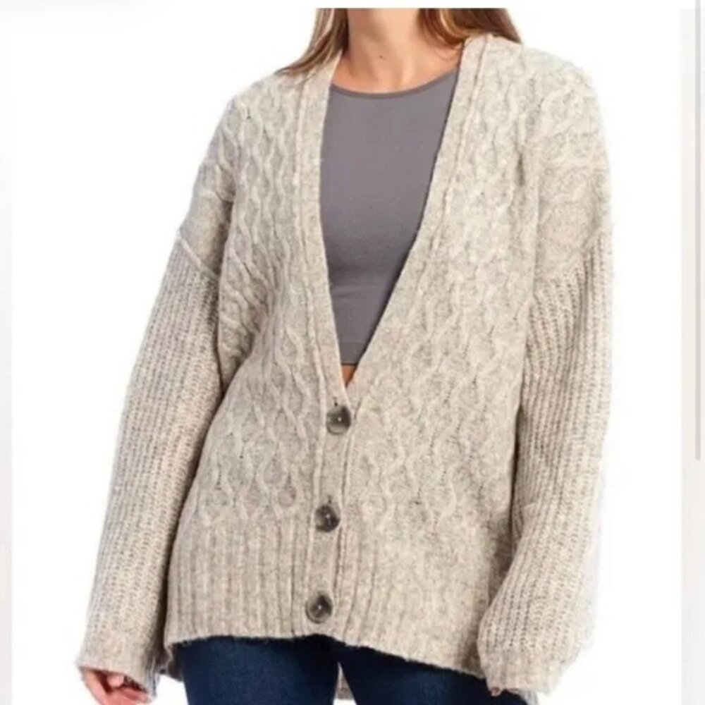FREE PEOPLE Molly Heather Gray Oversized Cable Knit Grandpa Cardigan NWOT